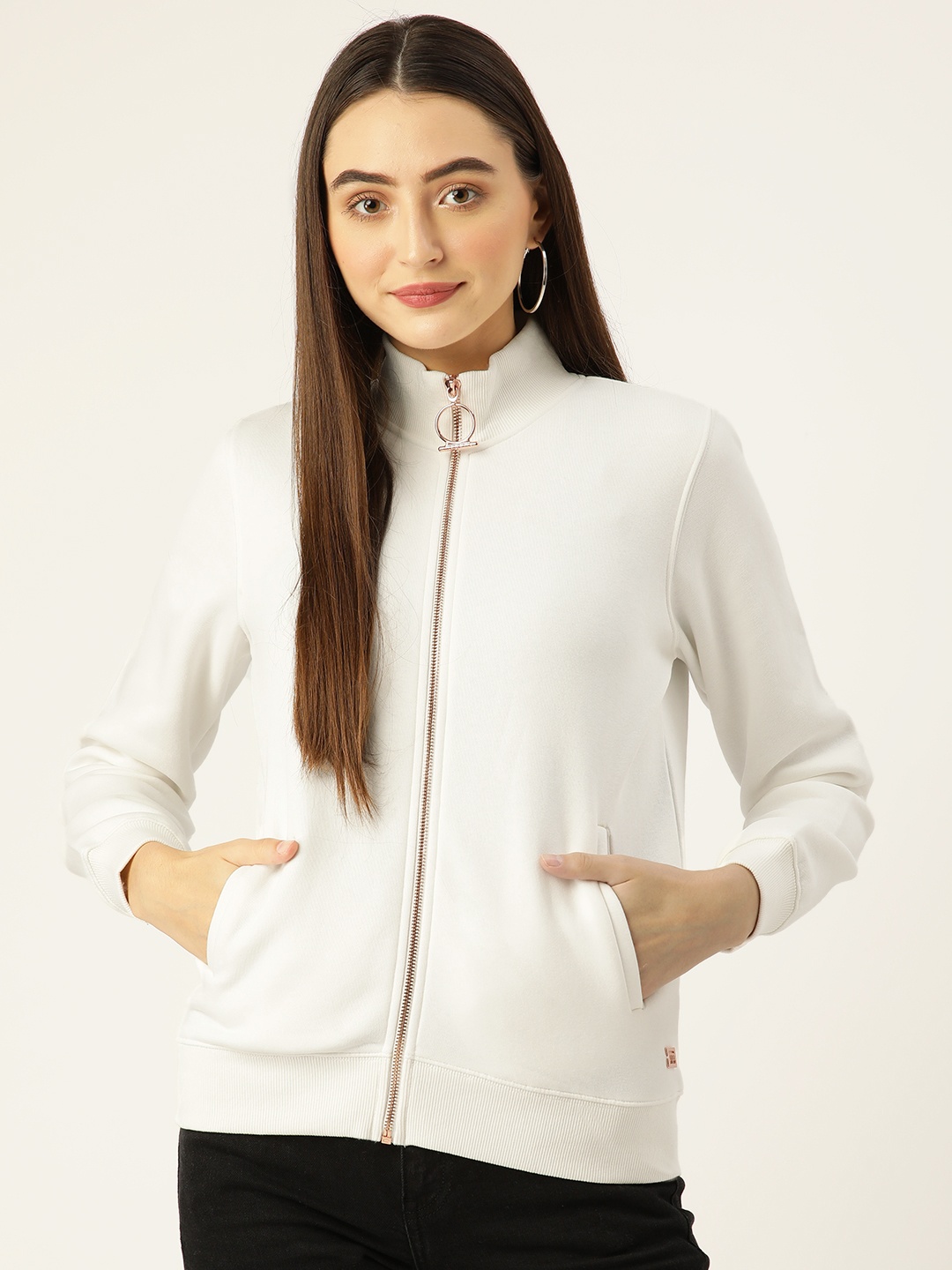 

Madame Women Solid Mock Collar Front-Open Sweatshirt, White