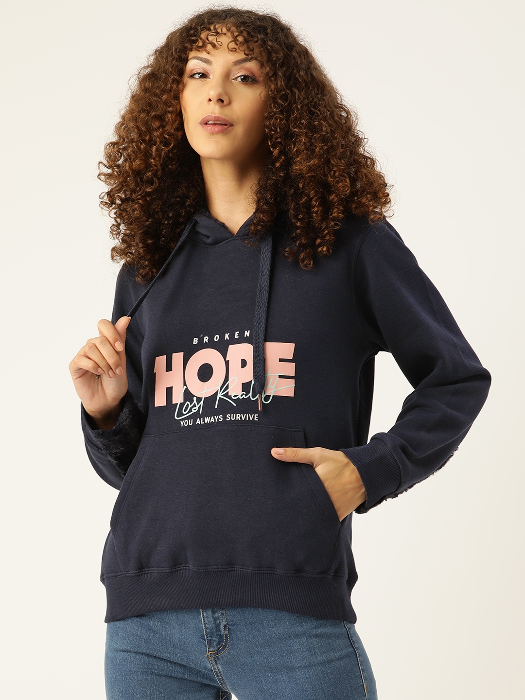 

Madame Women Typography Printed Hooded Sweatshirt, Navy blue