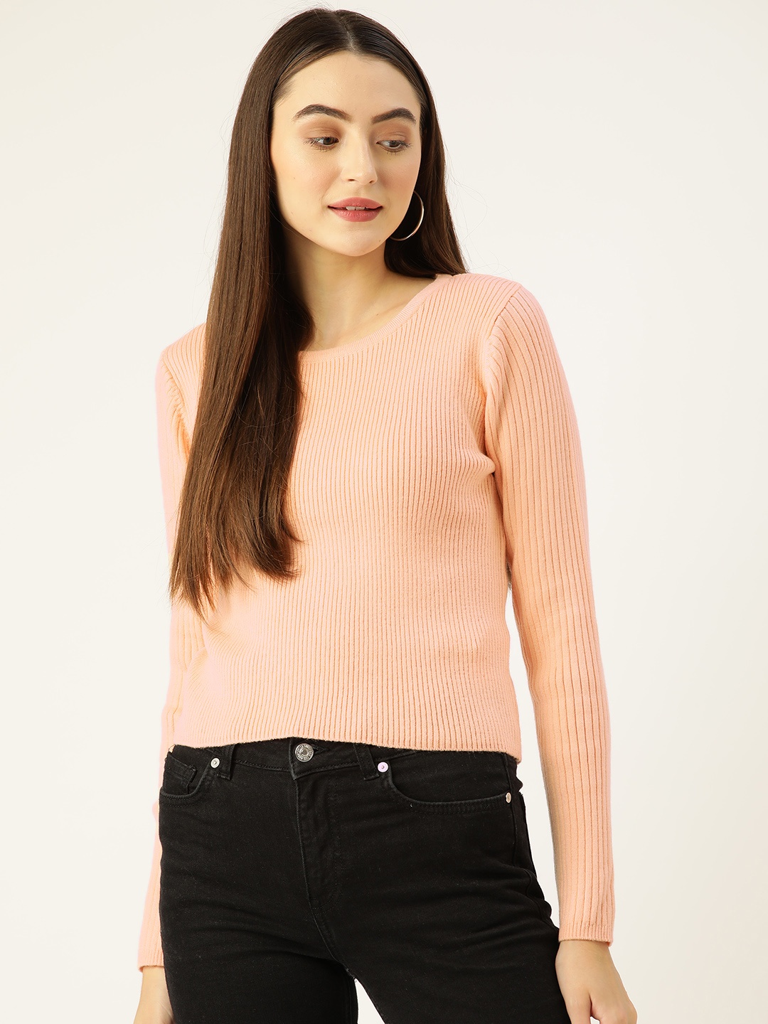 

Madame Women Peach Ribbed Back Tie-up Sweater