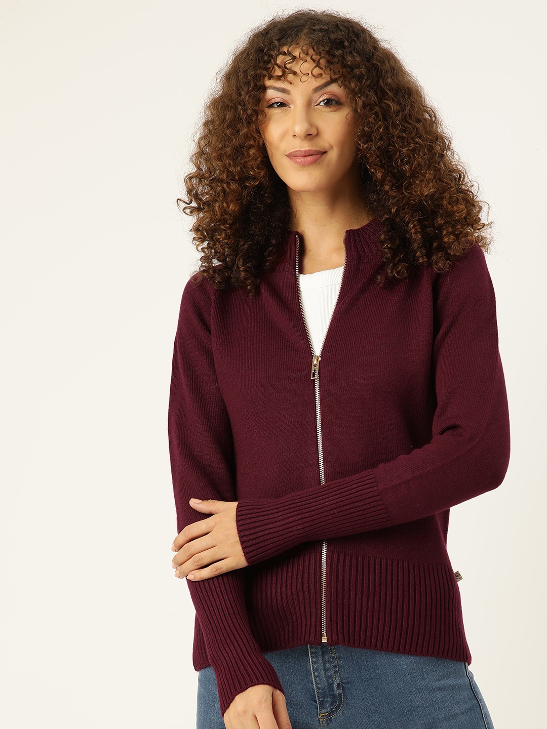 

Madame Women Solid Mock Collar Cardigan, Maroon