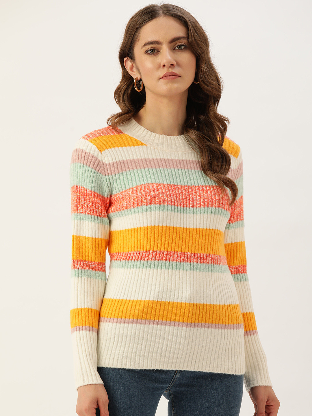 

Madame Women Off White & Orange Striped Sweater