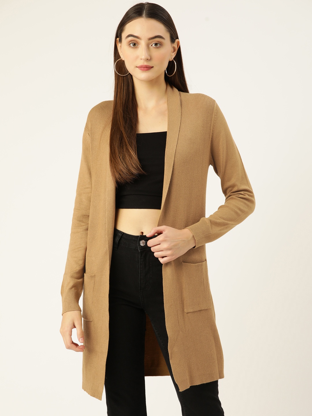 

Madame Women Solid Shawl Collar Longline Front-Open Sweater, Beige