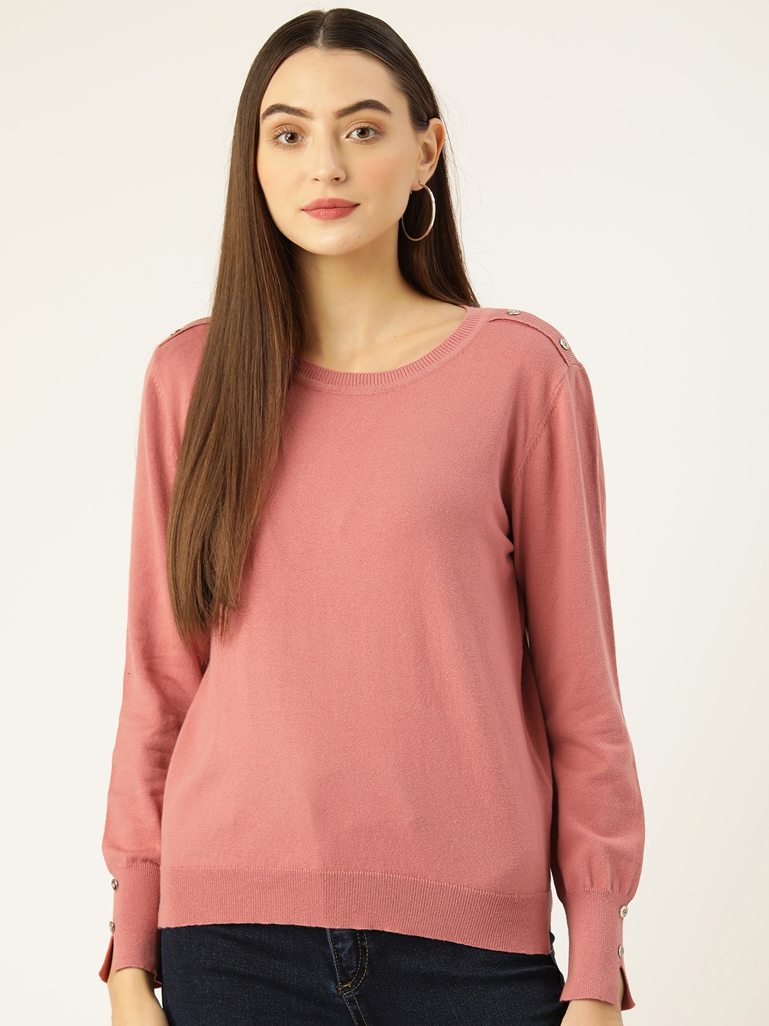 

Madame Women Round Neck Knitted Sweater, Rose