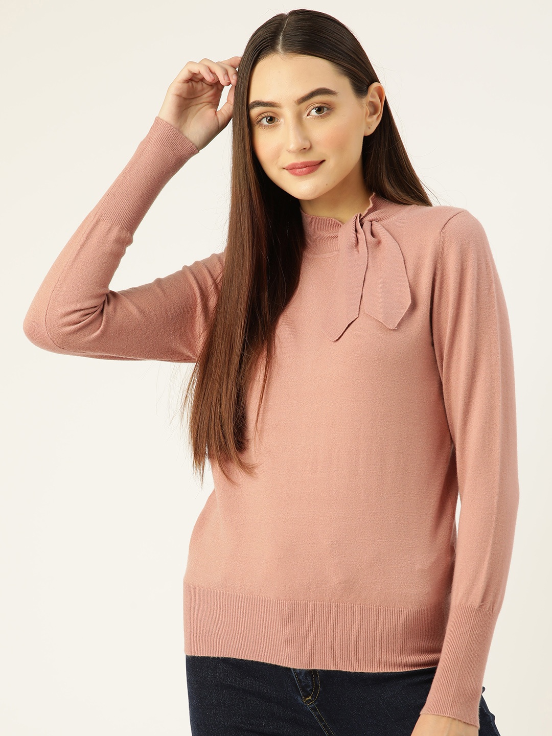 

Madame Women Peach-coloured Solid Tie-Up Neck Sweater
