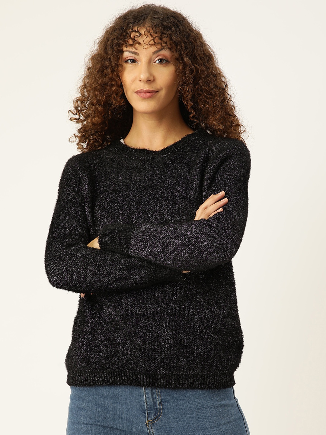 

Madame Women Solid Shimmery Pullover, Navy blue