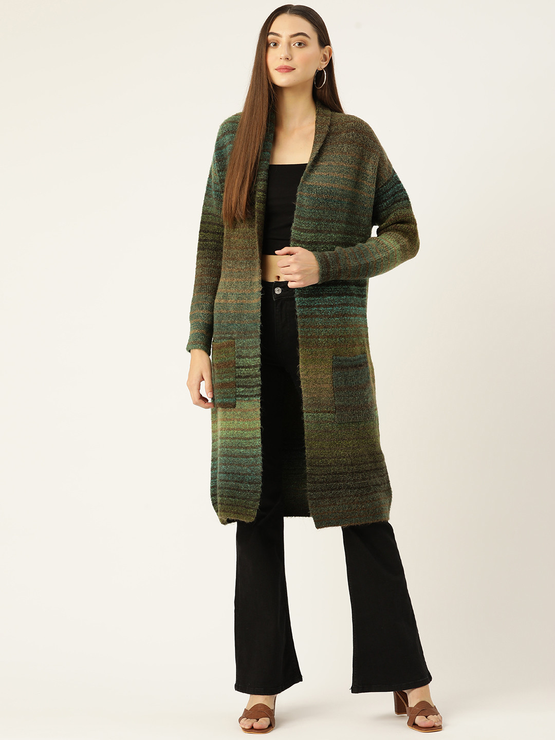 

Madame Women Striped Shawl Collar Longline Front-Open Sweater, Brown