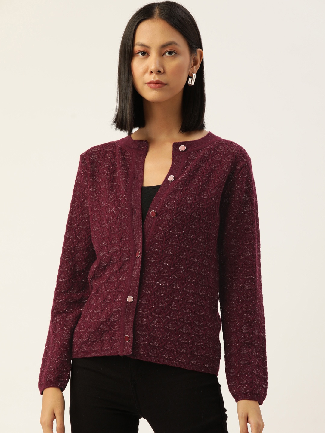 

Madame Women Self-Design Cardigan, Burgundy