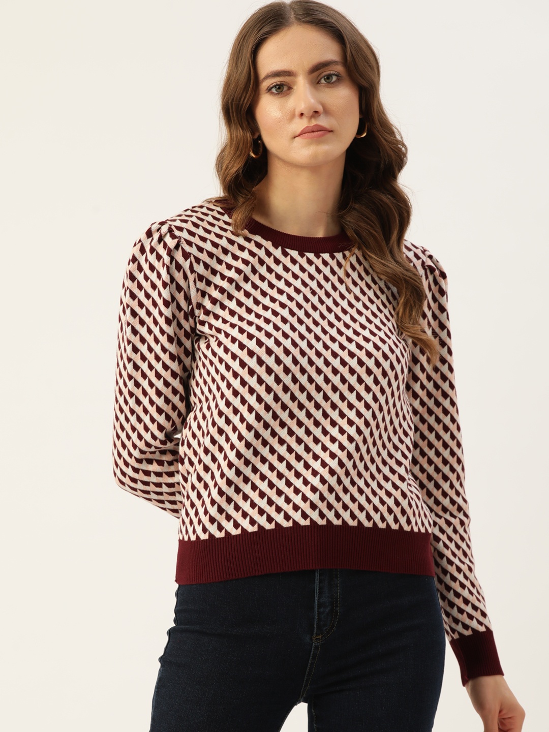 

Madame Women Maroon Houndstooth Self Design Sweater
