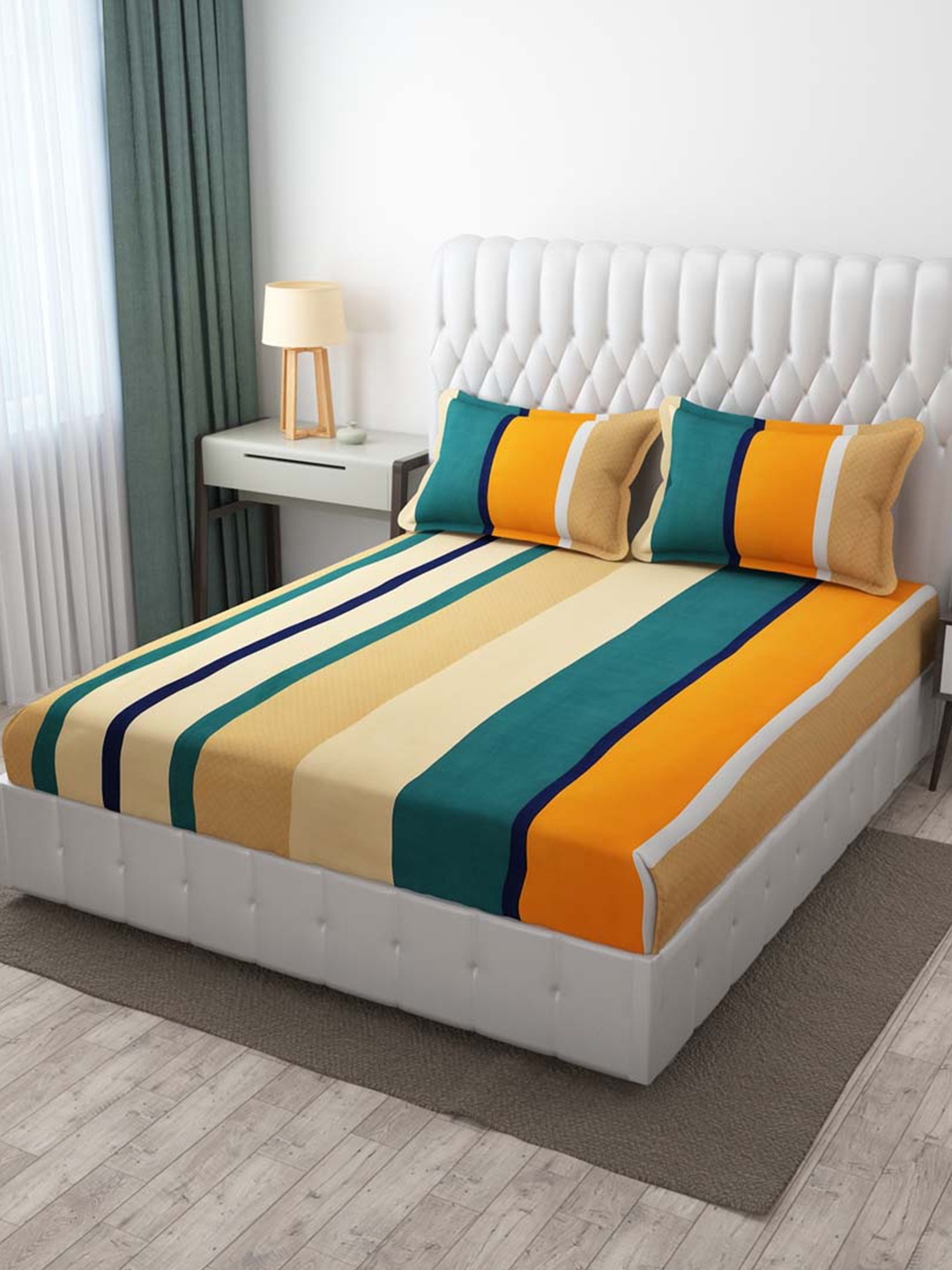 

Slushy Mushy Beige & White Striped 300 TC King Bedsheet with 2 Pillow Covers