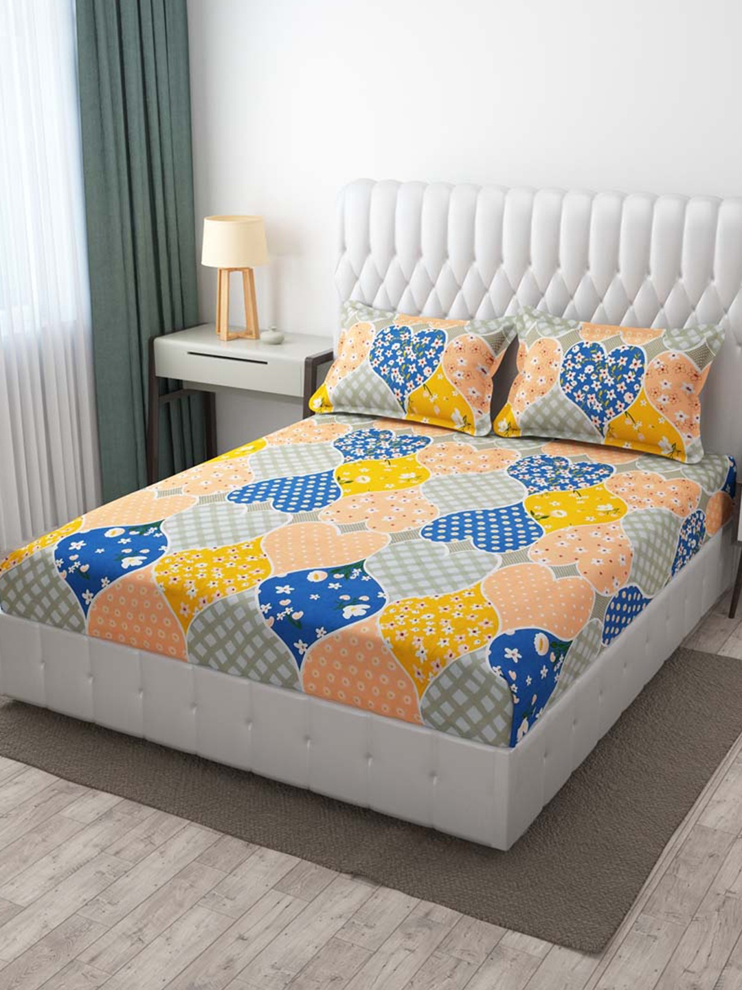 

Slushy Mushy Yellow & Blue Floral 300 TC King Bedsheet with 2 Pillow Covers