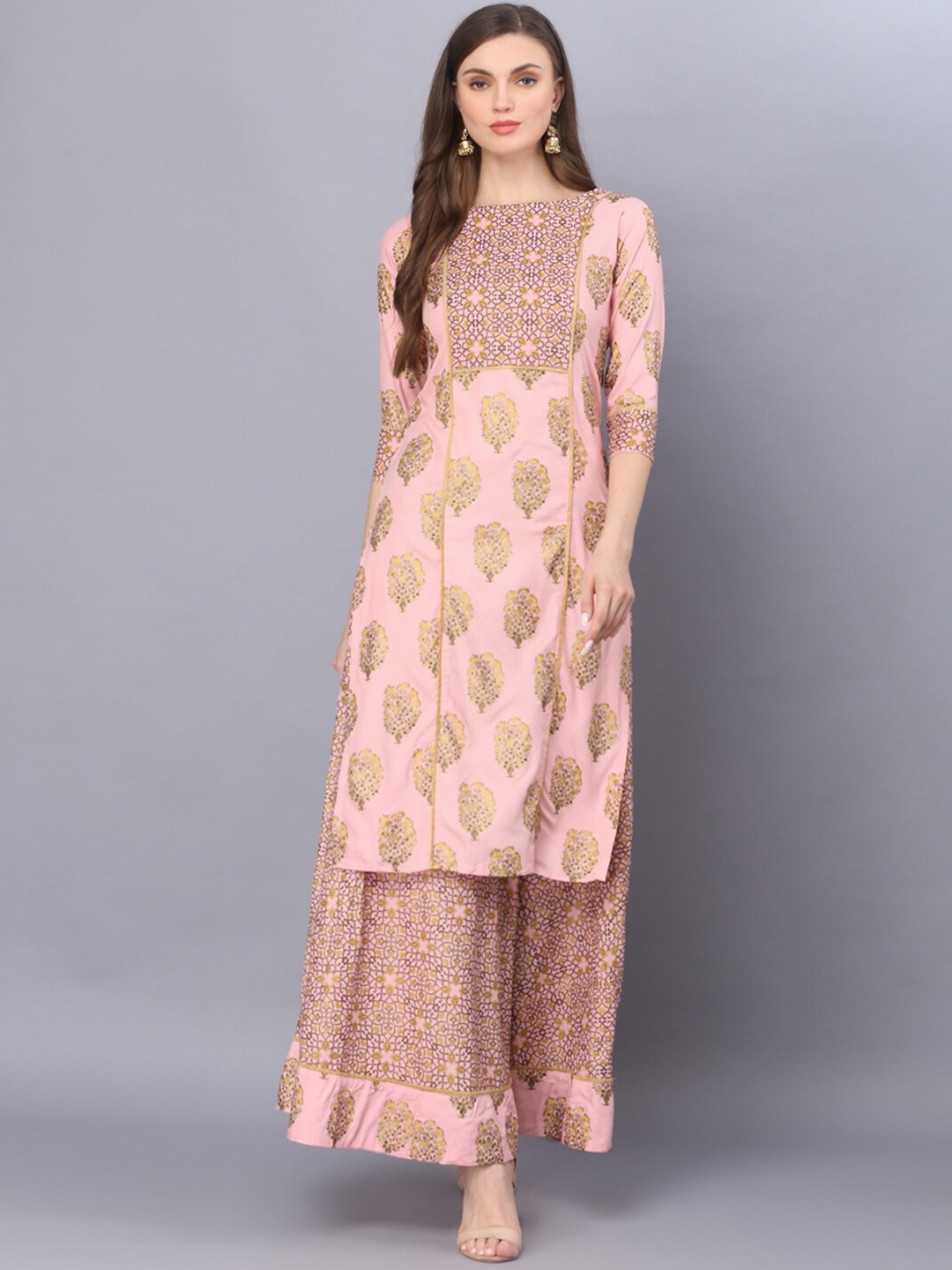 

God Bless Women Peach-Coloured Ethnic Motifs Printed Kurta with Skirt