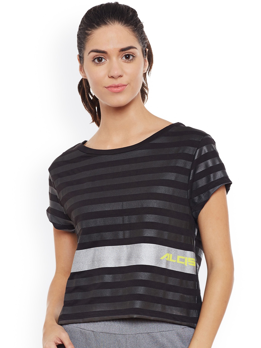 

Alcis Women Black Striped Round Neck Sports T-shirt