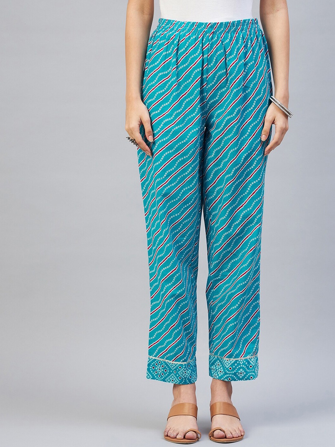 

InWeave Women Blue Striped Relaxed Cotton Pleated Trousers