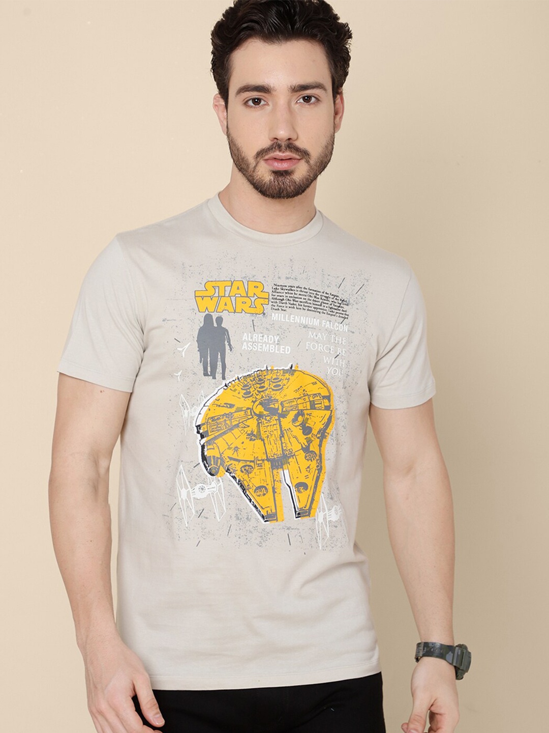 

Free Authority Men Grey & Yellow Star Wars Printed Pure Cotton T-shirt