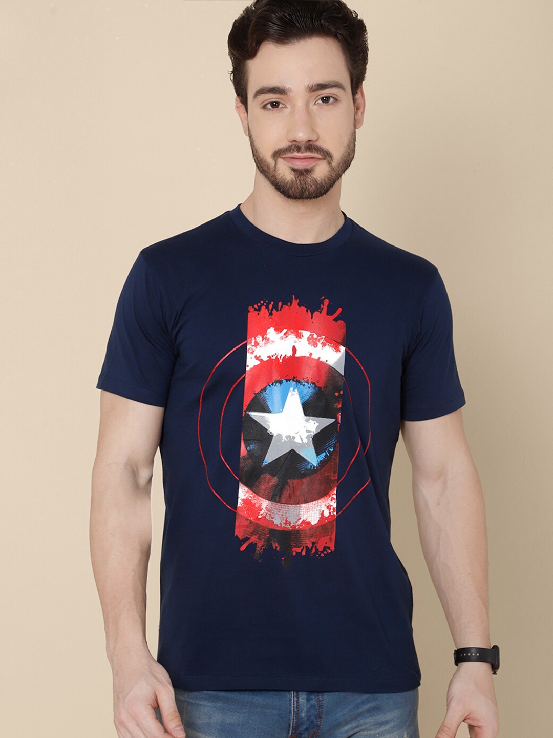 

Free Authority Men Blue Captain America Printed Pure Cotton T-shirt