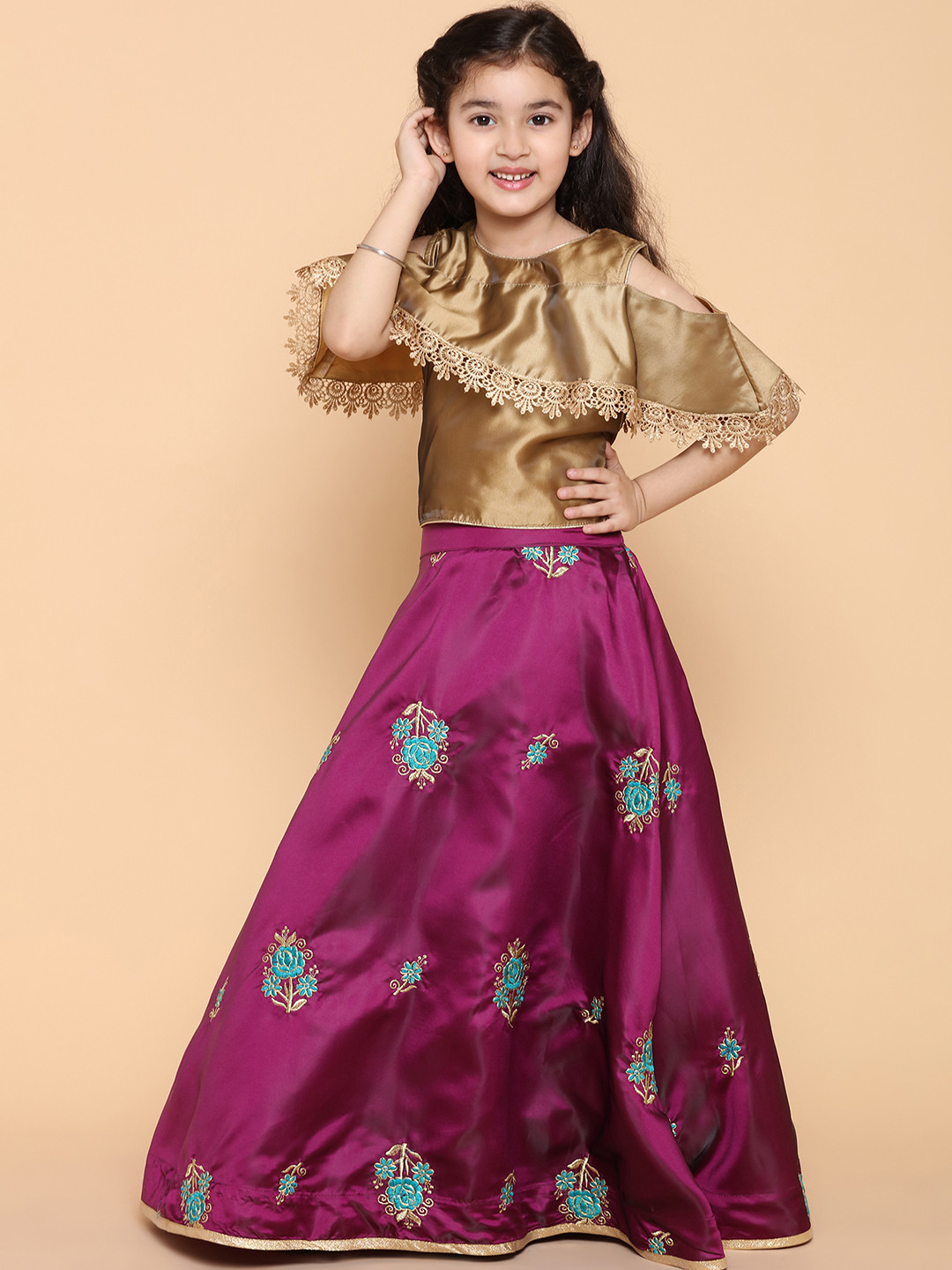 

ADIVA Girls Pink & Gold-Toned Thread Work Ready to Wear Lehenga Choli