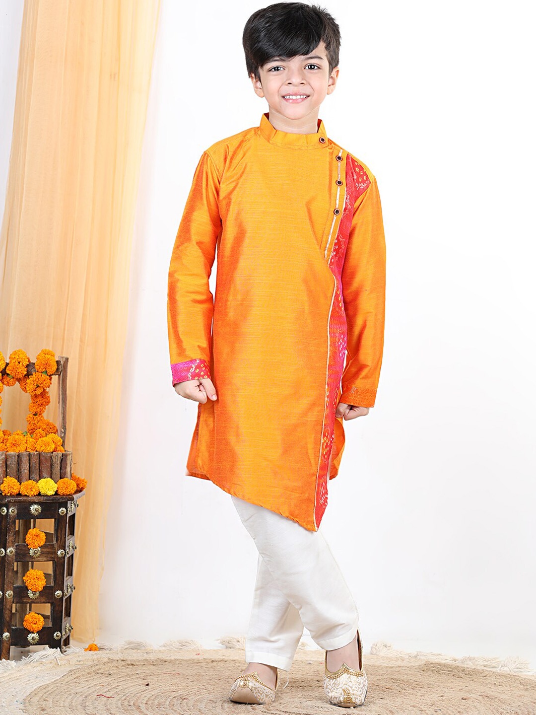 

Kinder Kids Boys Yellow Asymmetric Pure Cotton Kurta with Pyjamas