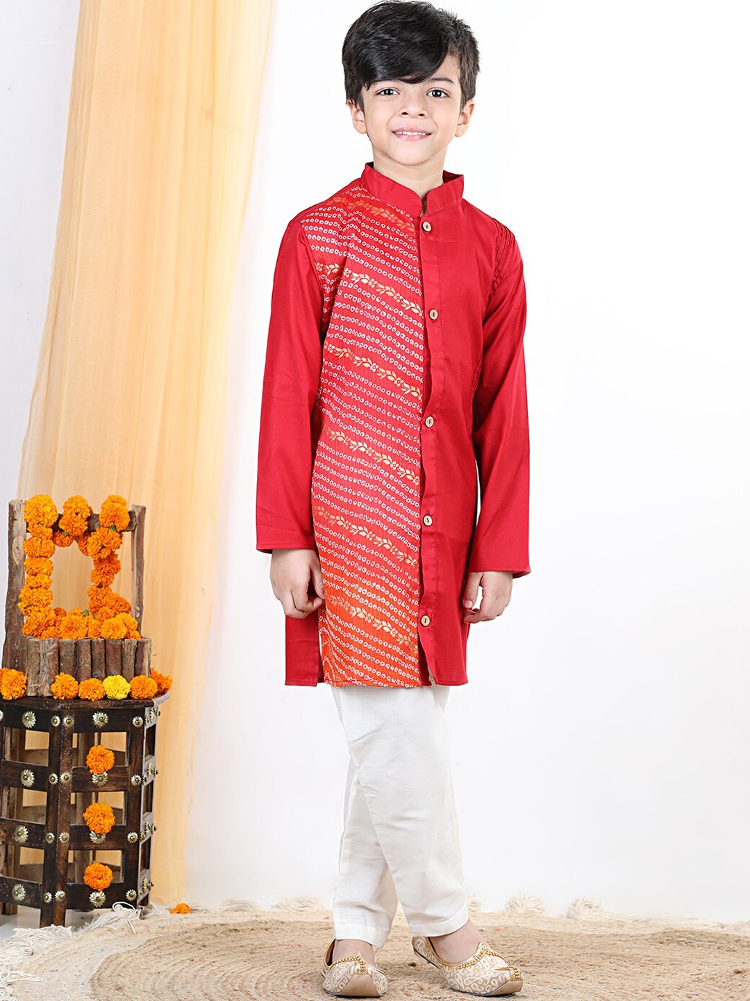 

Here&Now X Kinder Kids Boys Red Pure Cotton Kurta with Pyjamas