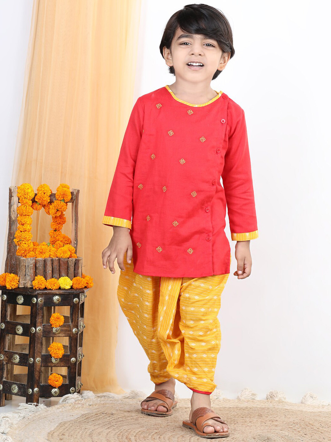 

Kinder Kids Boys Red Floral Embroidered Pure Cotton Kurta with Dhoti Pants