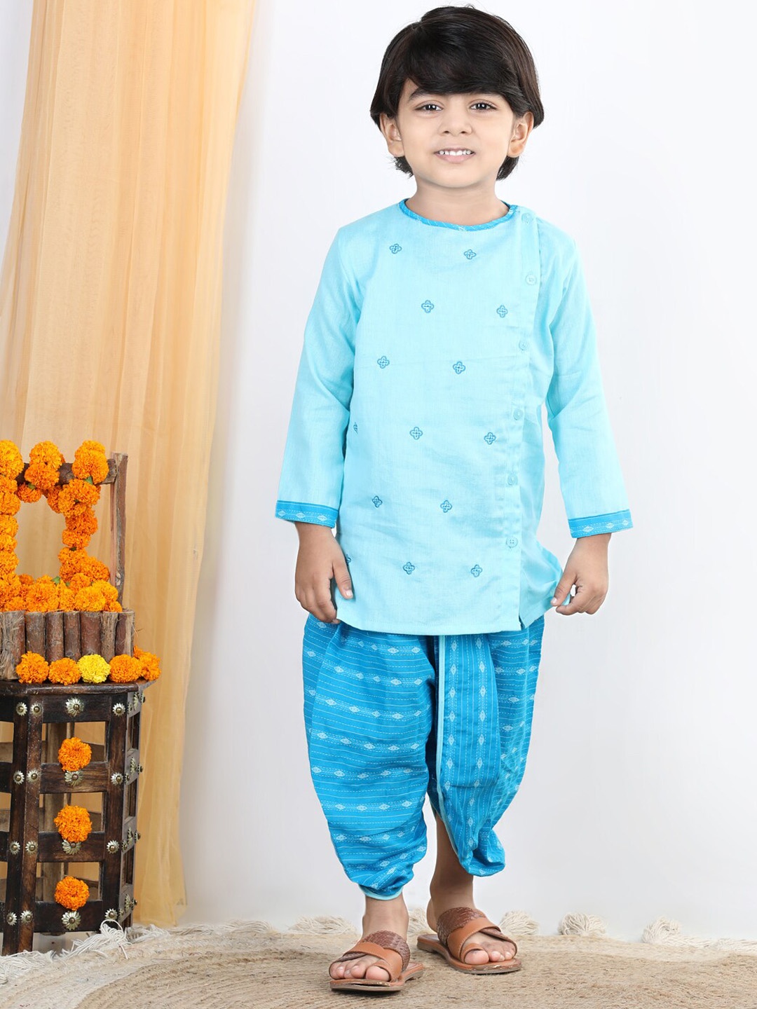 

Kinder Kids Boys Blue Floral Embroidered Pure Cotton Kurta with Dhoti Pants