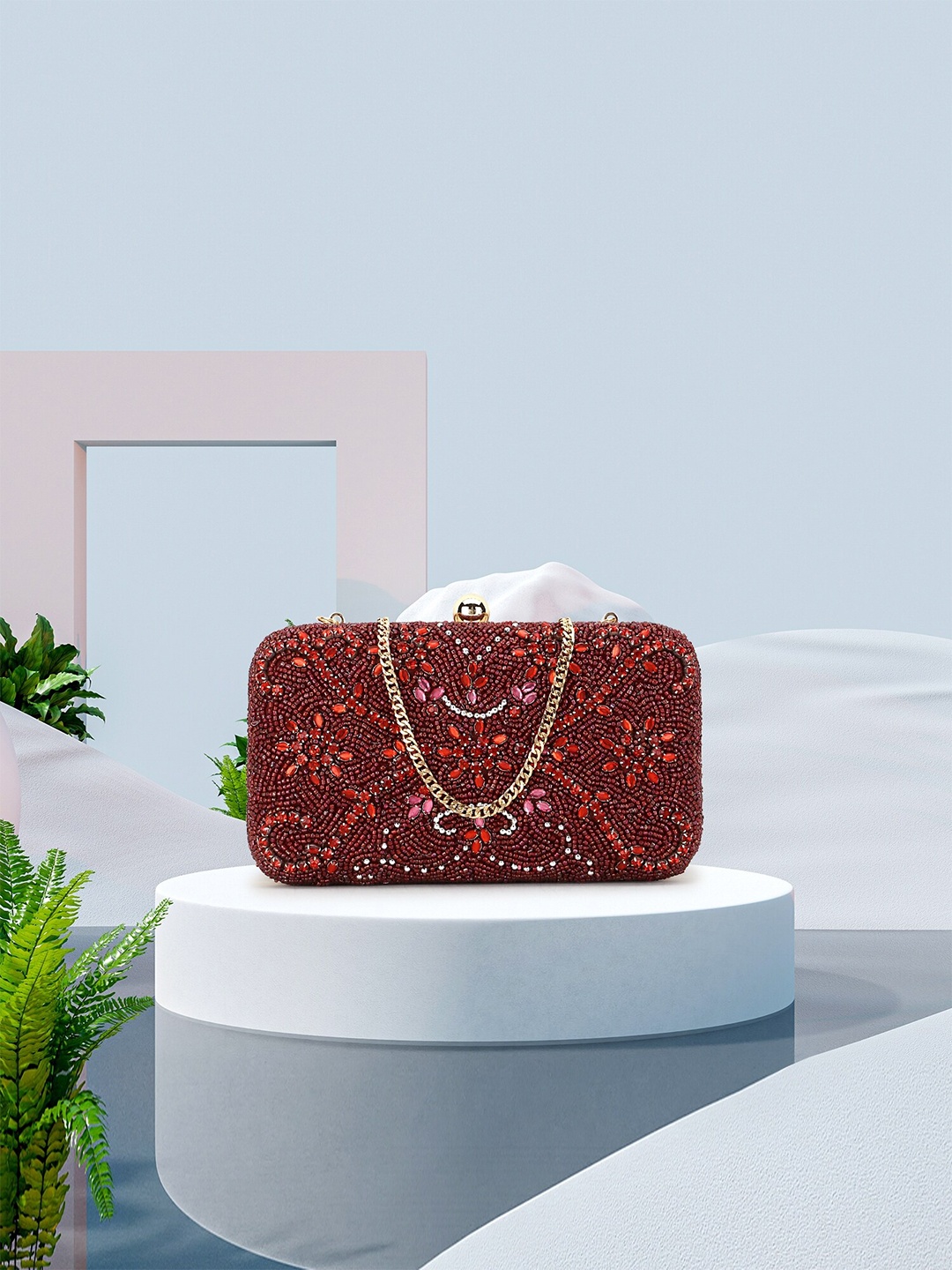 

Anekaant Maroon & Gold-Toned Embellished Box Clutch