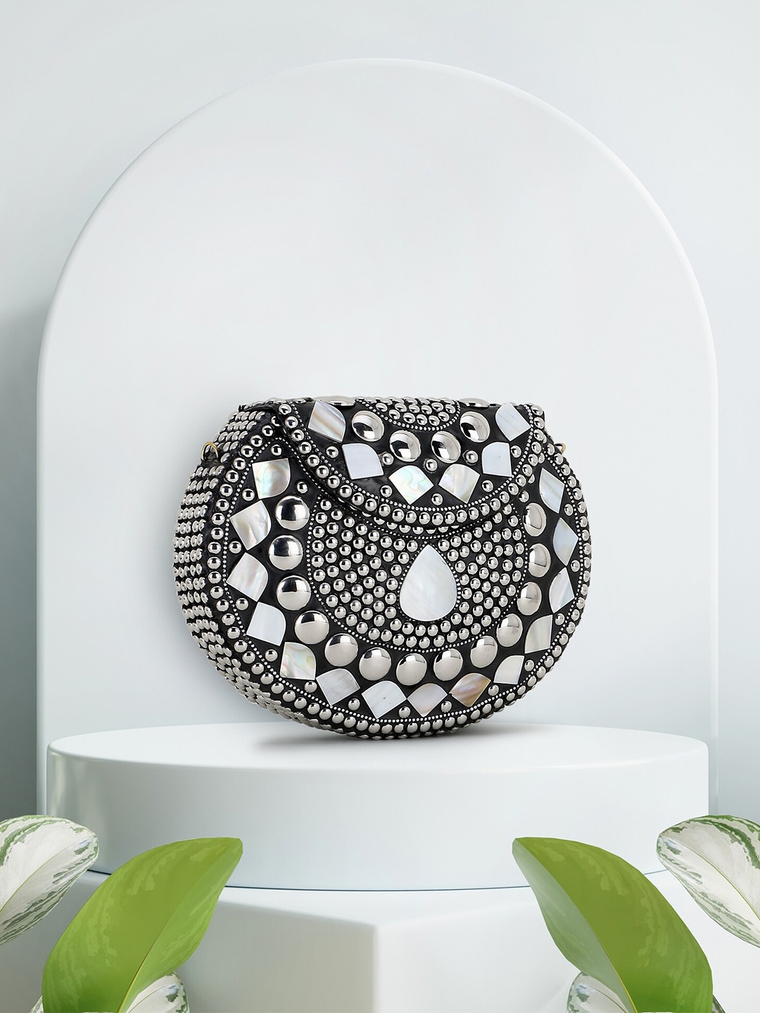 

Anekaant Black & Silver-Toned Embellished Half Moon Clutch