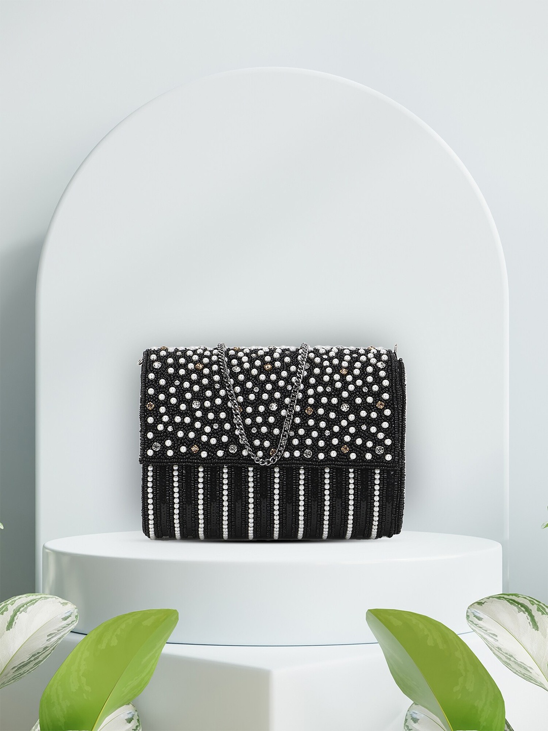 

Anekaant Black & Silver-Toned Embellished Foldover Clutch