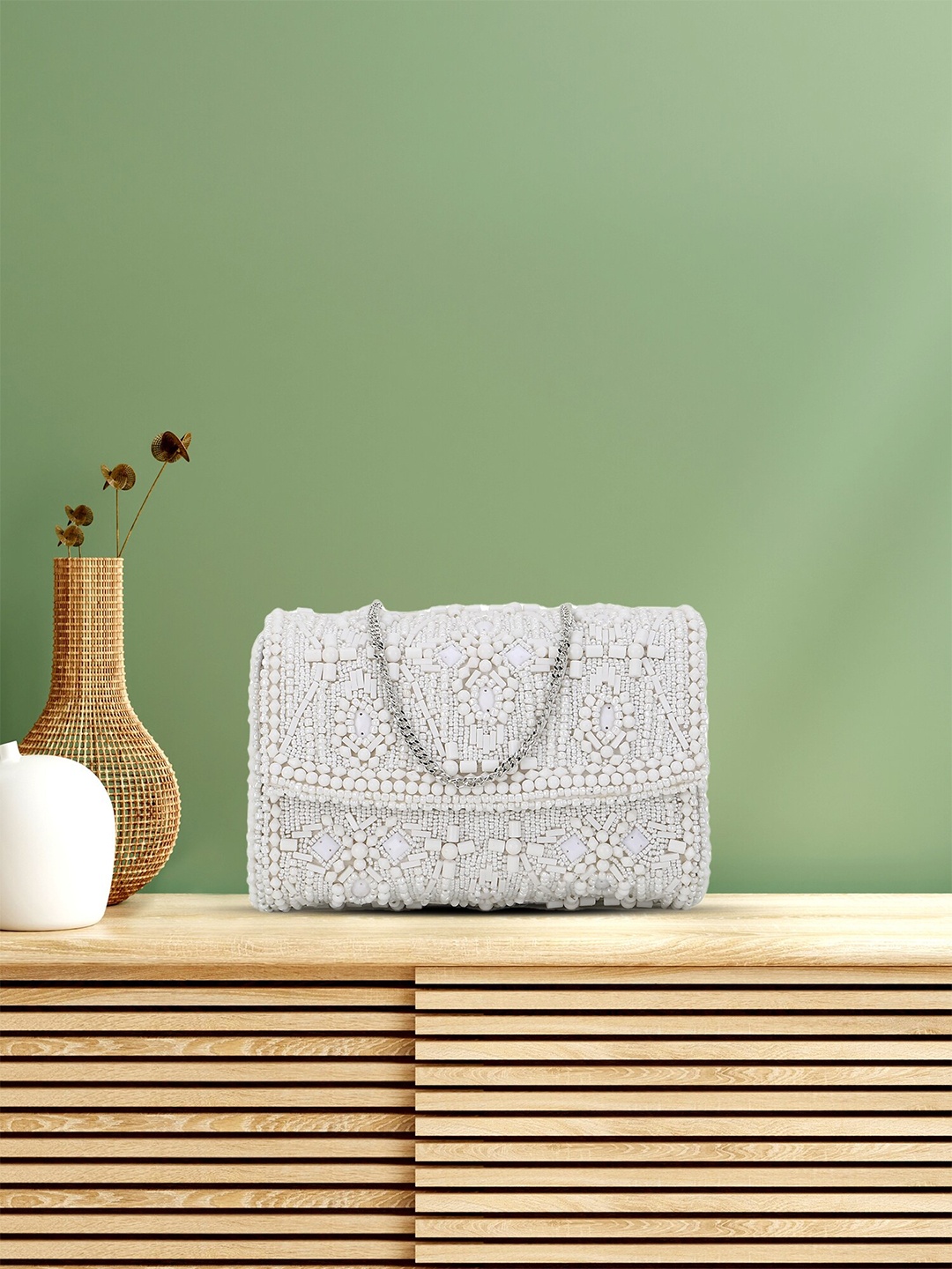 

Anekaant White & Silver-Toned Embellished Foldover Clutch