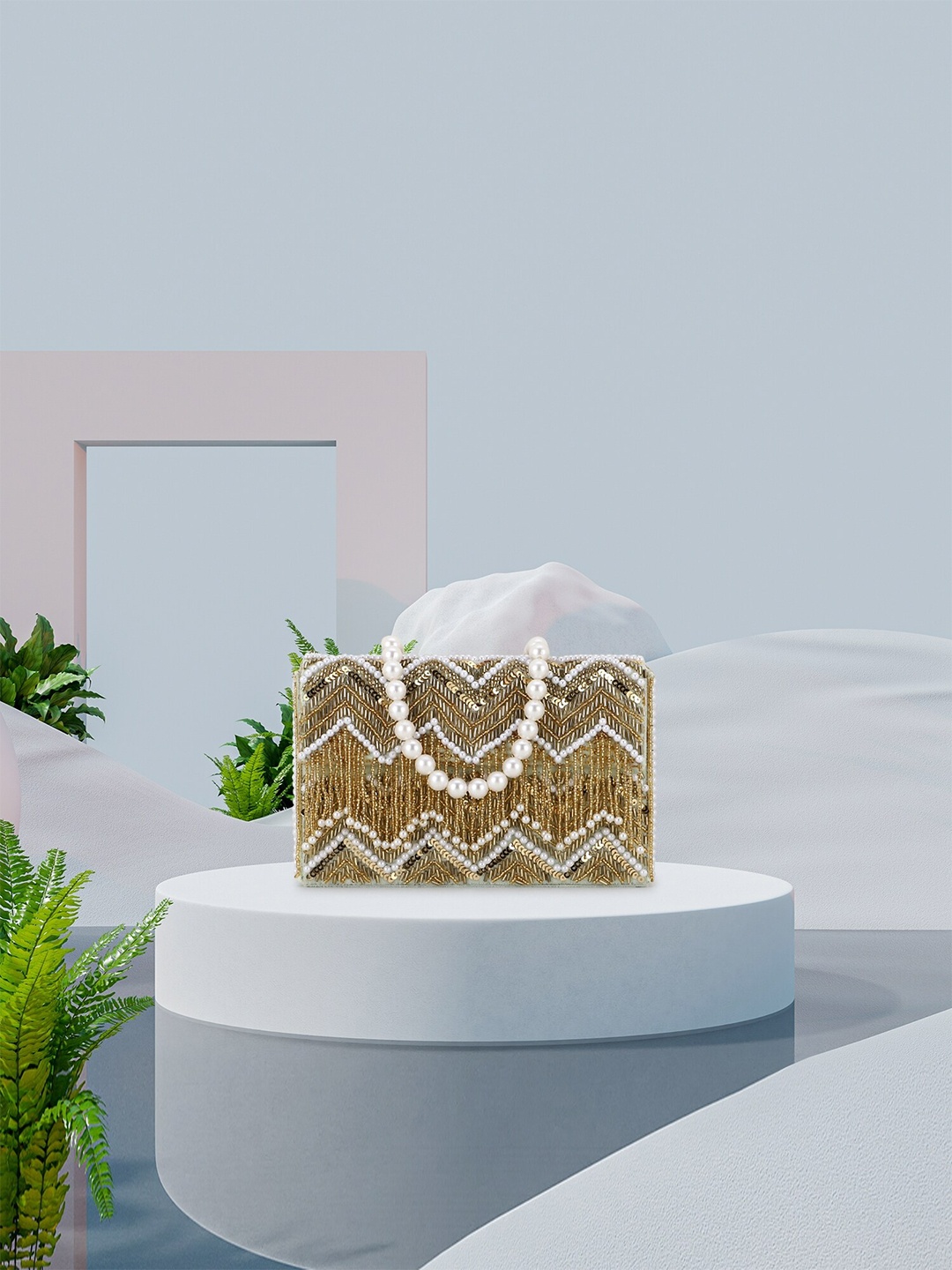 

Anekaant Green & Gold-Toned Embellished Tasselled Foldover Clutch
