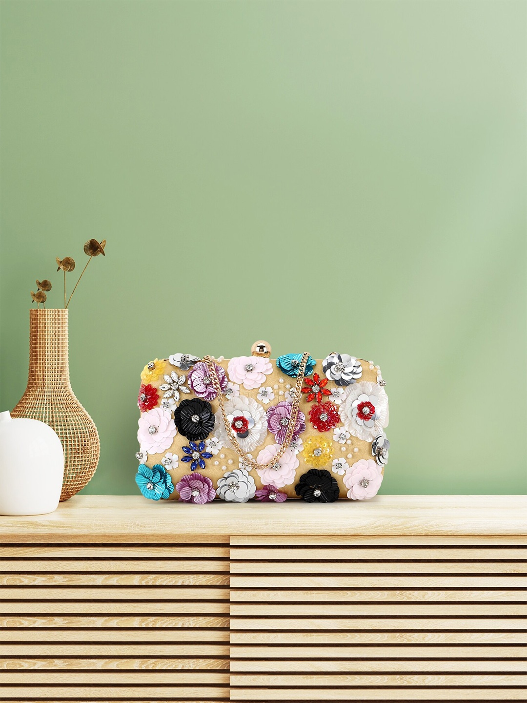 

Anekaant Yellow & Red Embellished Box Clutch
