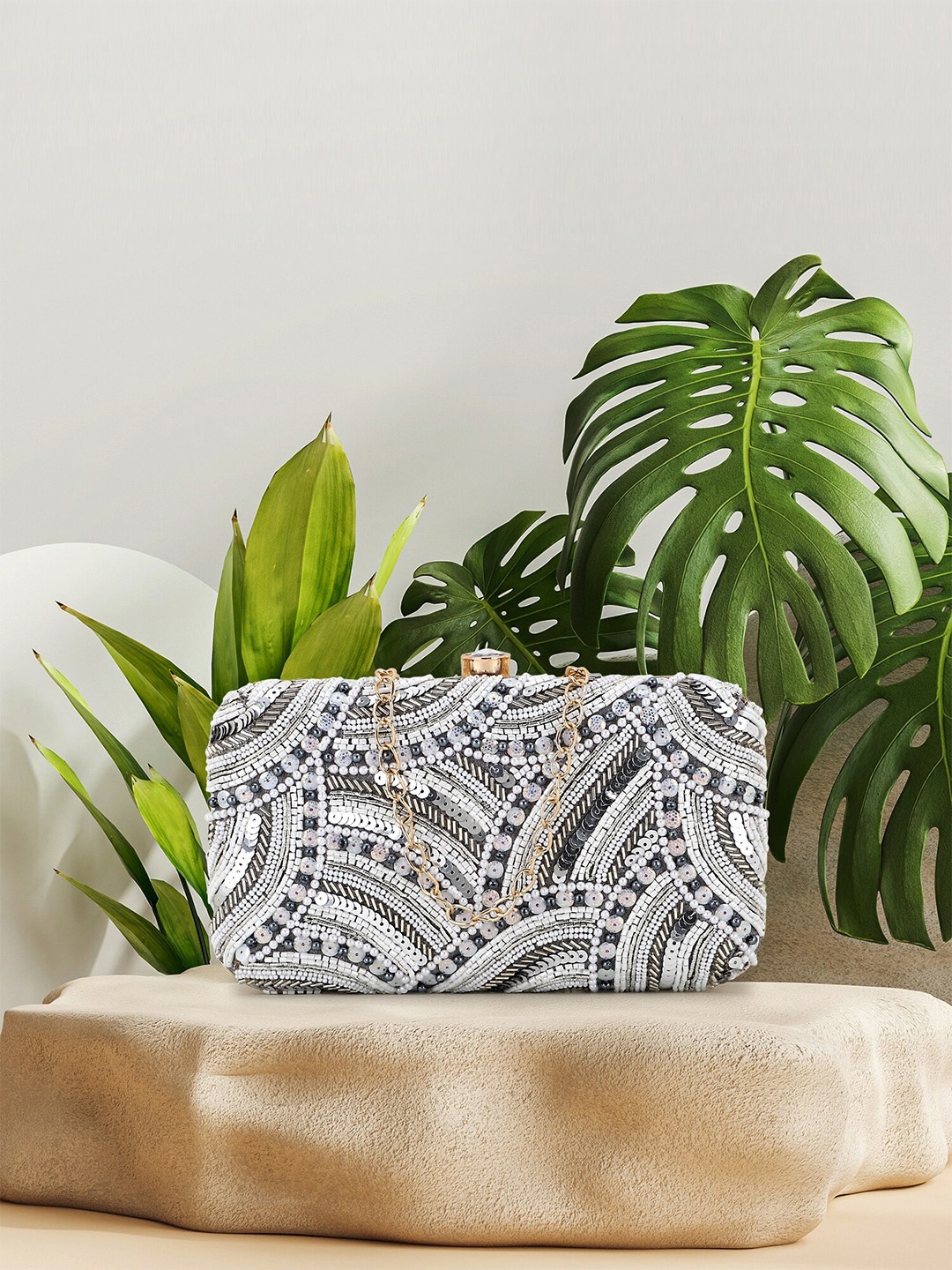 

Anekaant Silver-Toned & White Embellished Box Clutch