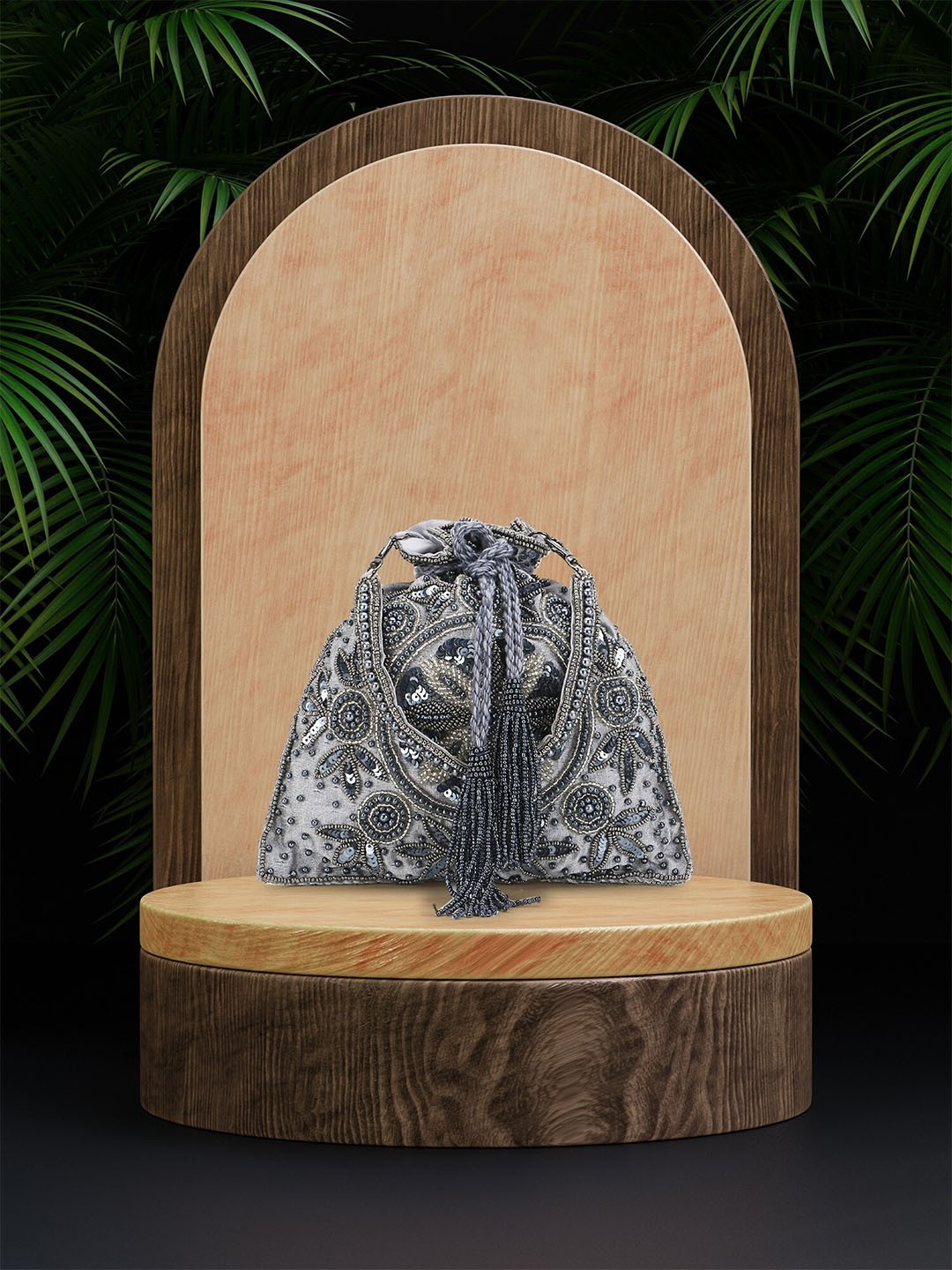 

Anekaant Grey & Black Embellished Potli Clutch