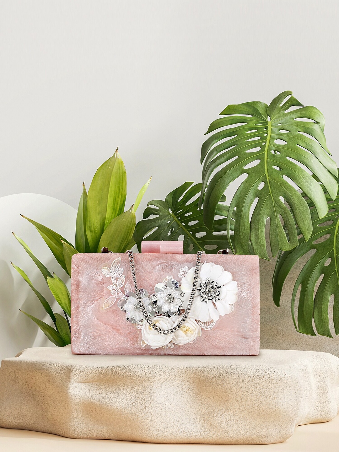 

Anekaant Pink & Olive Green Embellished Box Clutch