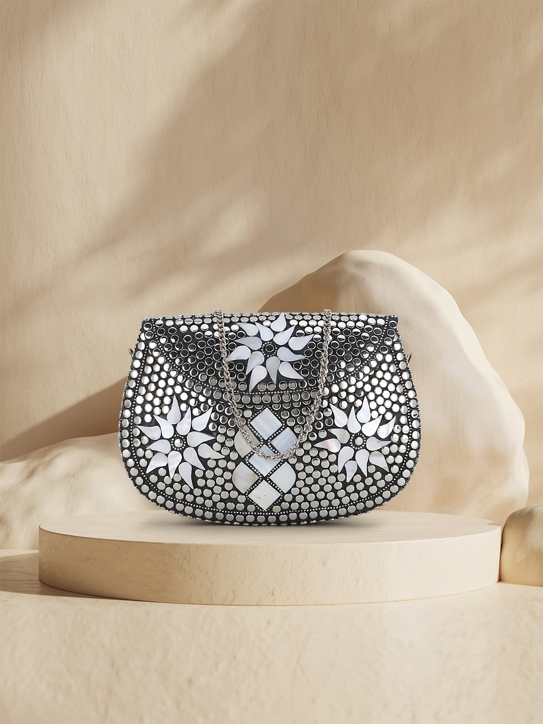

Anekaant Silver-Toned & White Embellished Half Moon Clutch