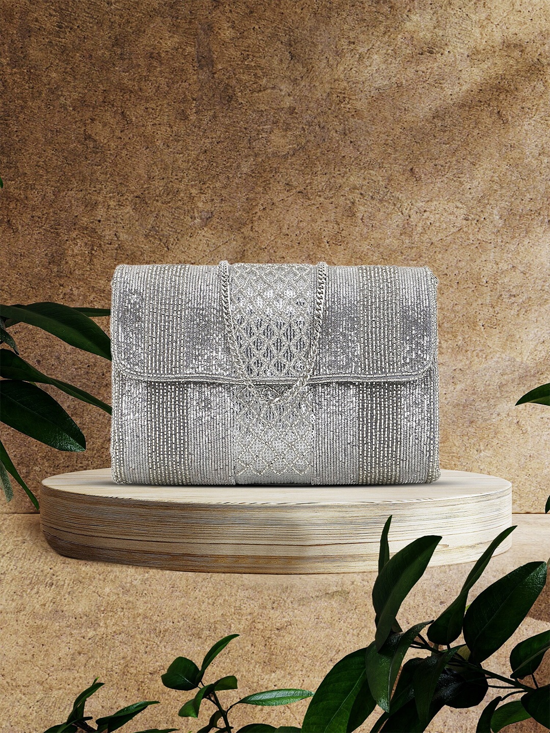 

Anekaant Silver-Toned Embellished Foldover Clutch