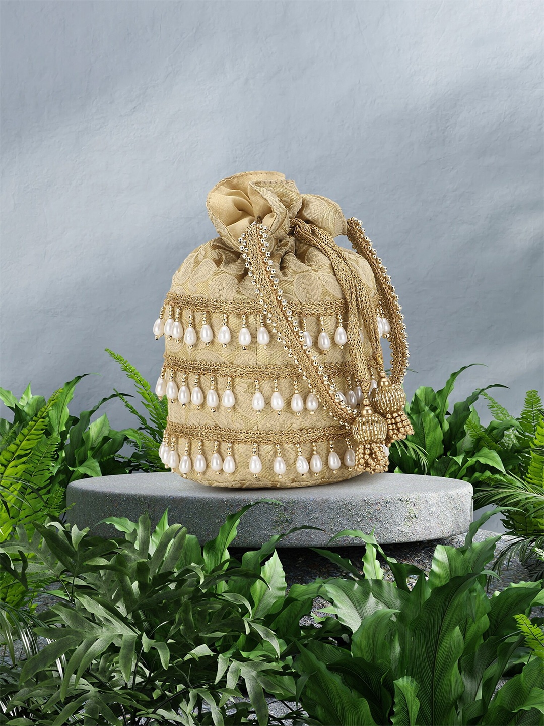 

Anekaant Gold-Toned & White Embellished Tasselled Potli Clutch