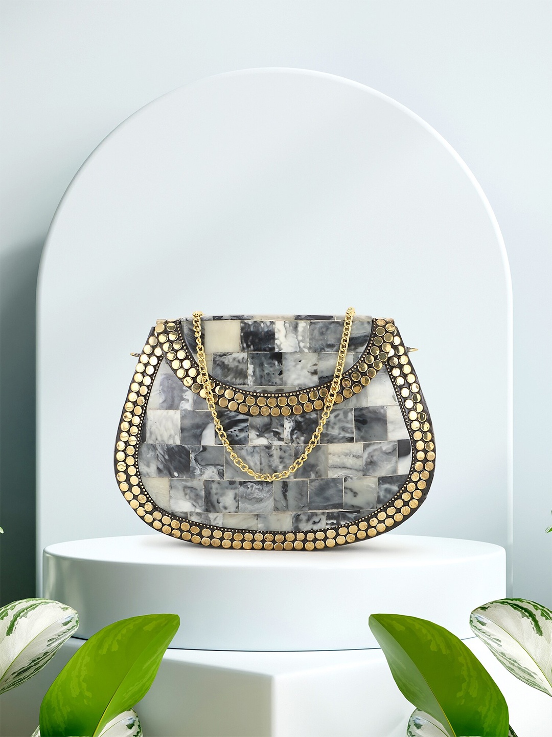 

Anekaant Grey & Gold-Toned Embellished Half Moon Clutch