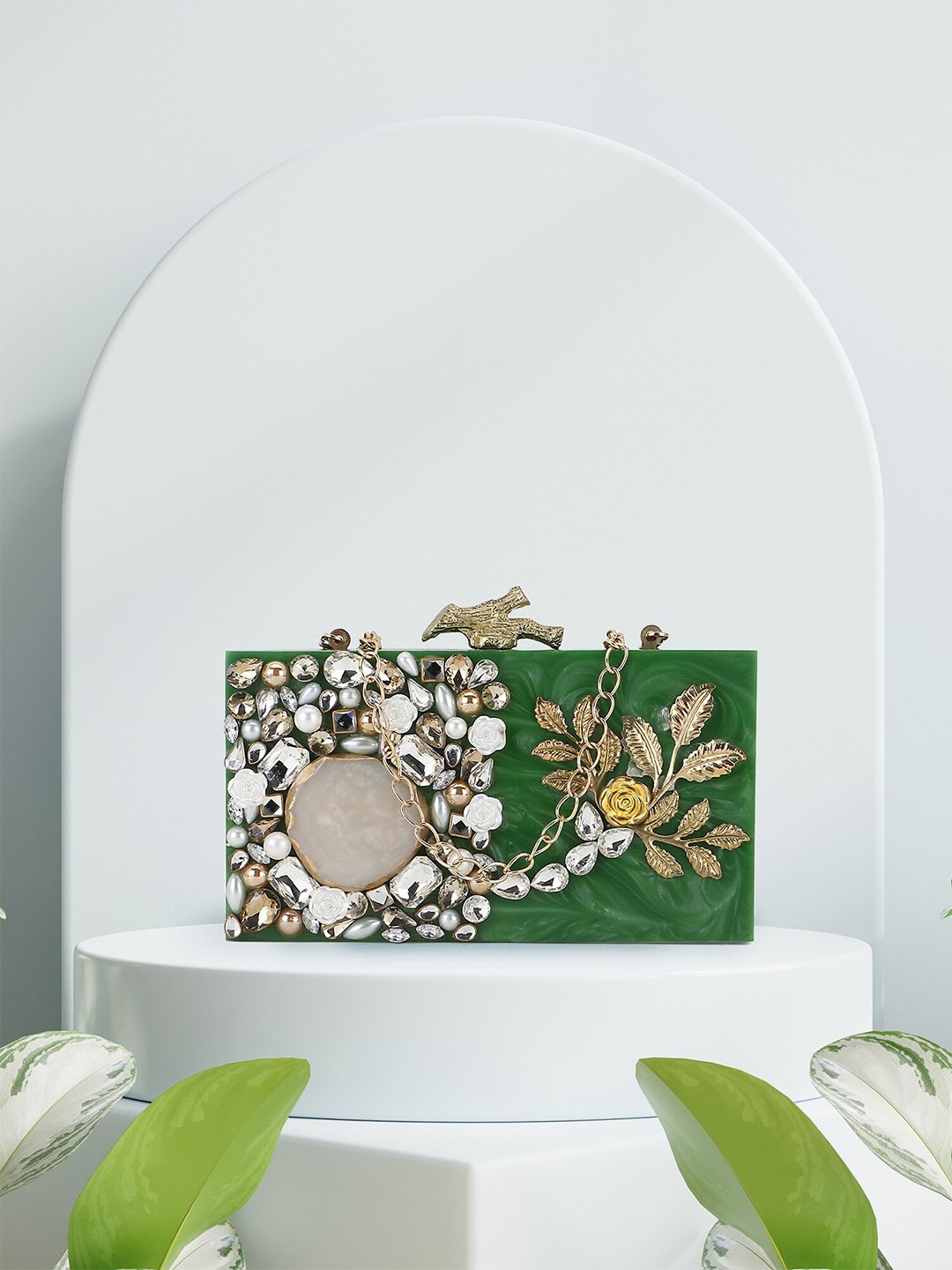 

Anekaant Sea Green & Gold-Toned Embellished Buckle Detail Box Clutch