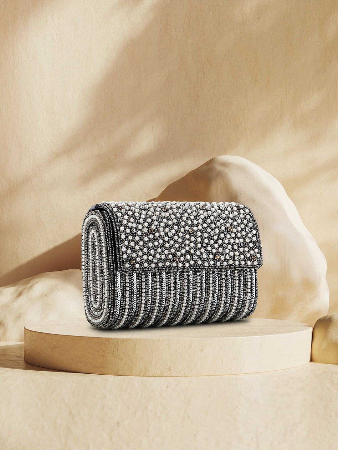 

Anekaant Silver-Toned & White Embellished Foldover Clutch