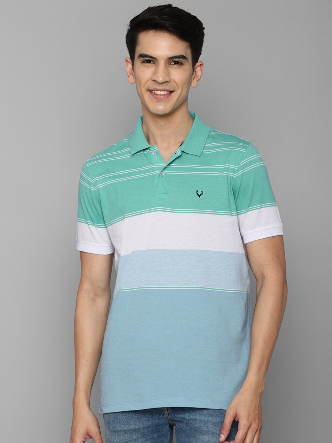

Allen Solly Men Sea Green & White Colourblocked Cotton Polo Collar T-shirt