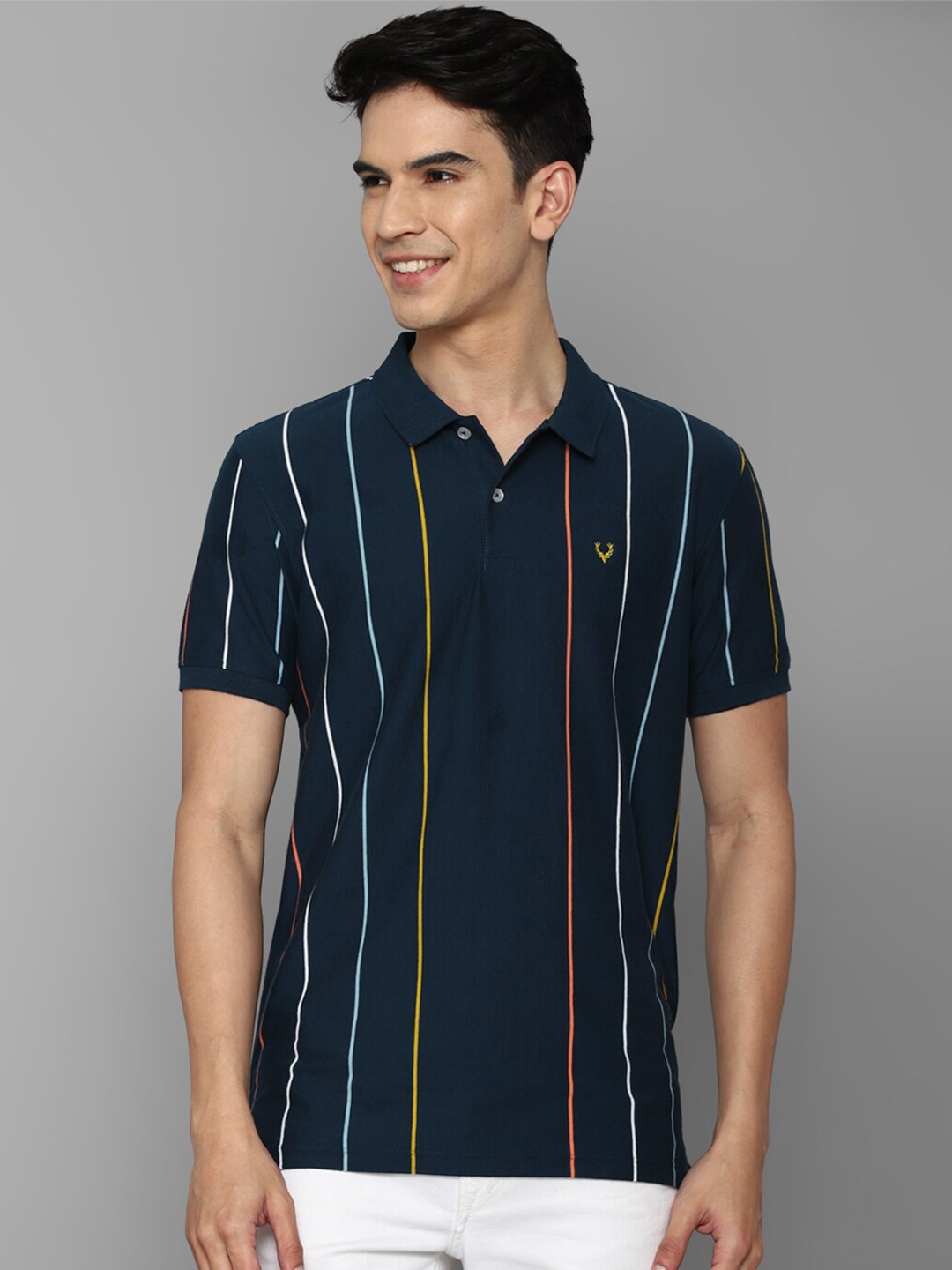 

Allen Solly Men Navy Blue Striped Cotton Polo Collar T-shirt