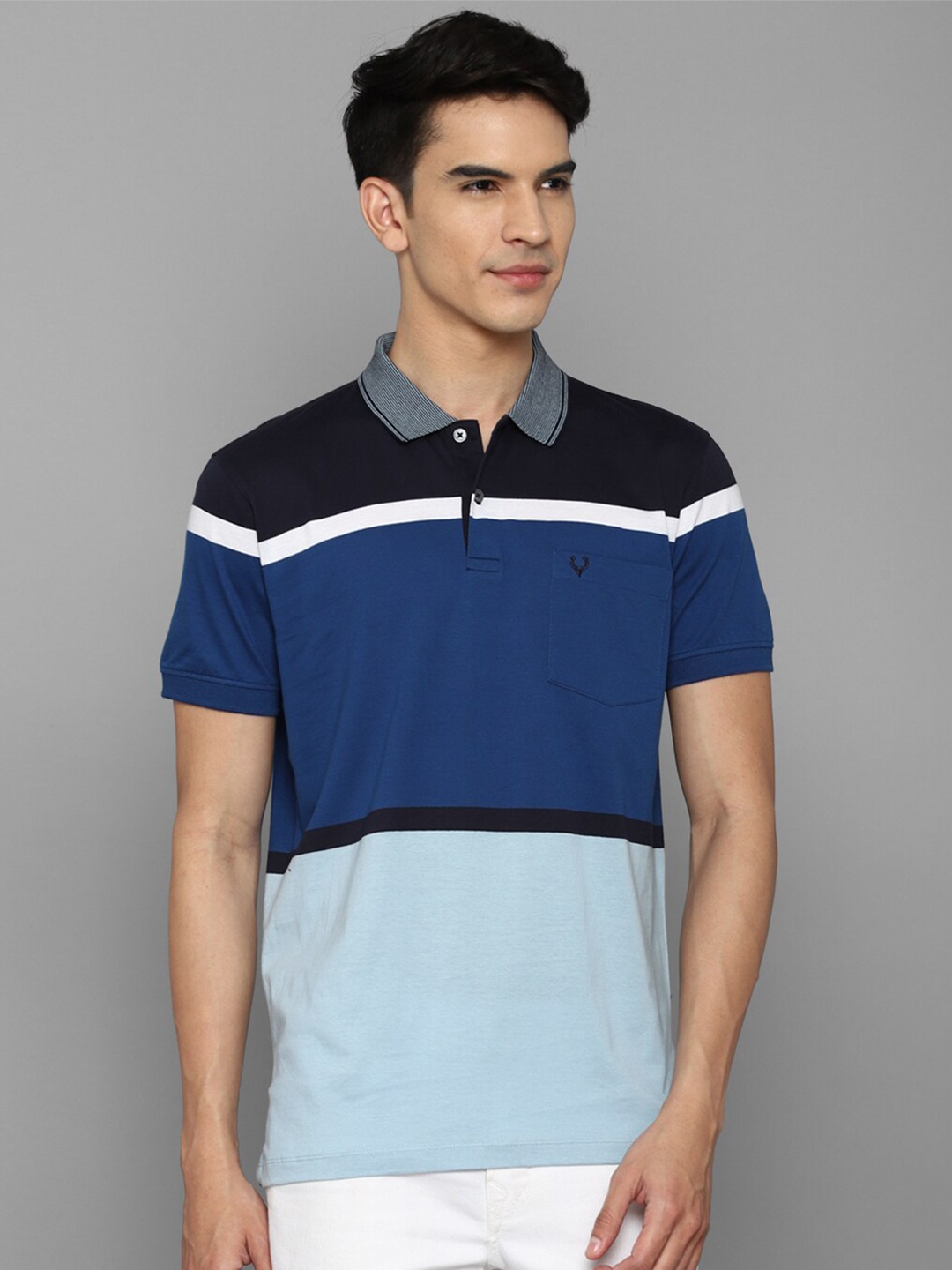 

Allen Solly Men Blue & Black Colourblocked Cotton Polo Collar T-shirt