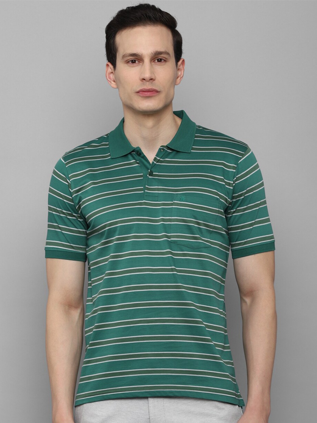 

Louis Philippe Men Green Striped Cotton Polo Collar T-shirt