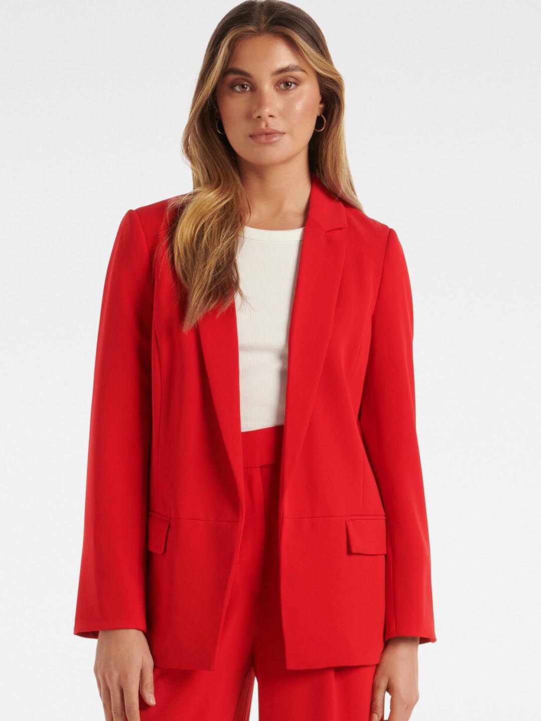 

Forever New Women Red Solid Single Breast Front-Open Blazer