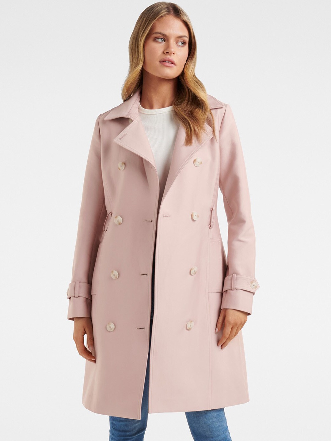 

Forever New Women Pink Solid Notched Lapel Collar Tailored Fit Trench Coat