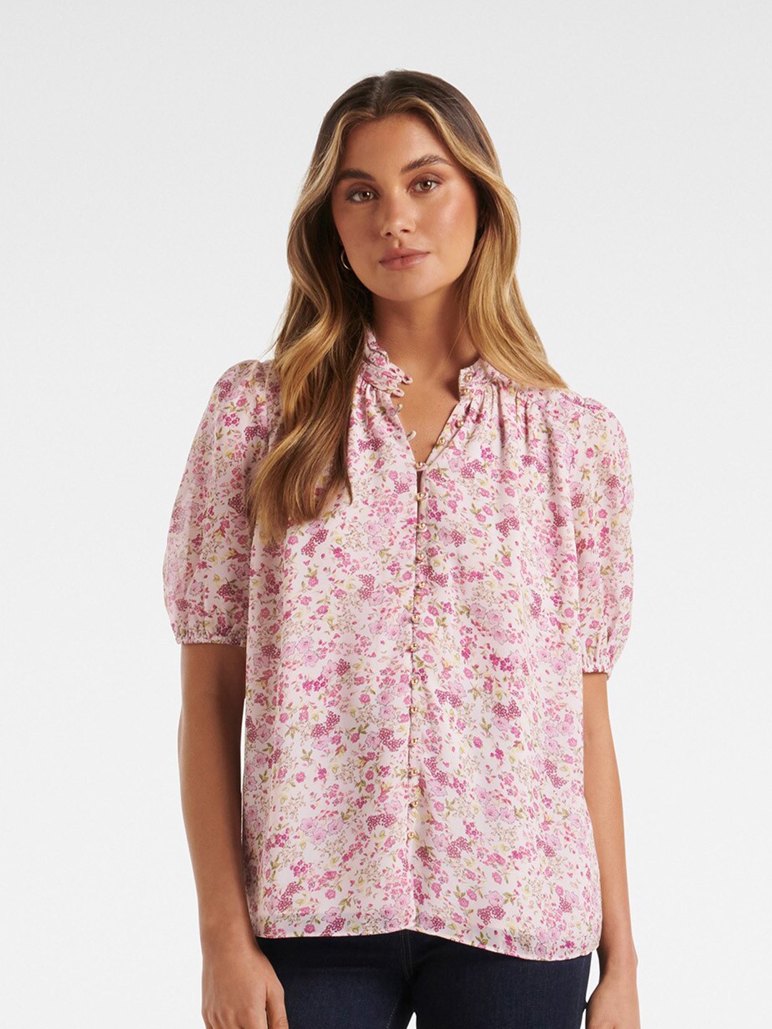 

Forever New Pink Floral Print Mandarin Collar Shirt Style Top