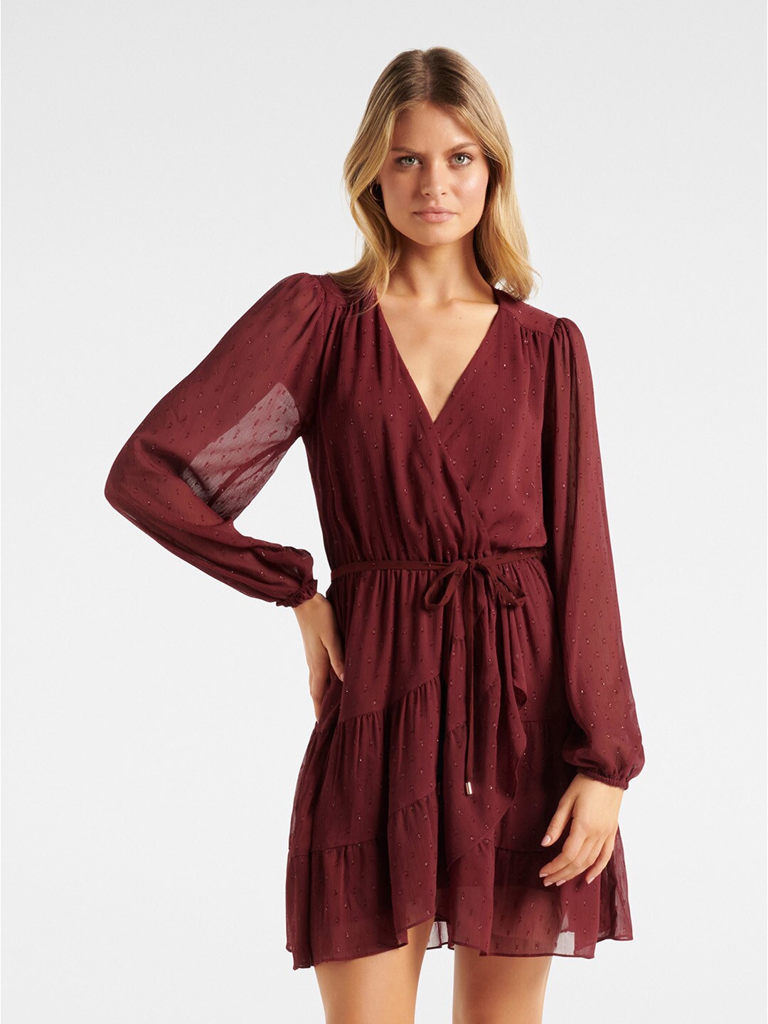 

Forever New Maroon Solid Tired Dress