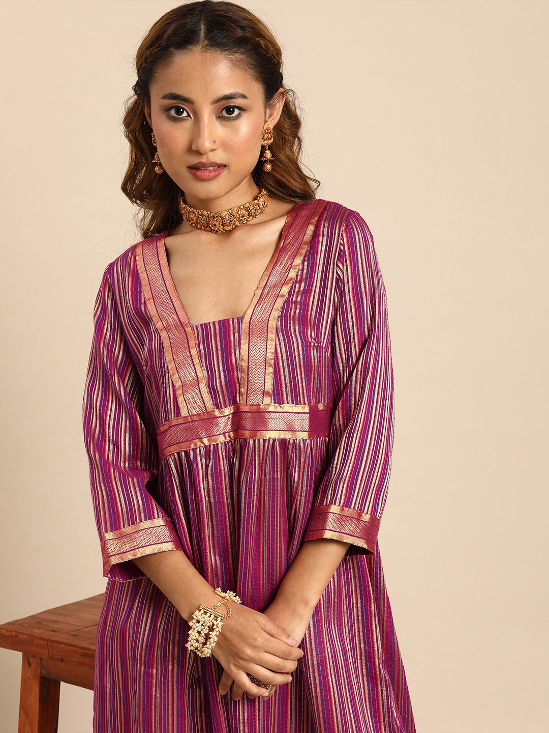 

Sangria Magenta Striped Fit & Flare Ethnic Dress