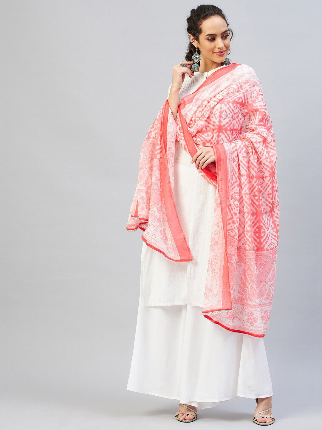 

InWeave Women Peach & White Printed Pure Cotton Dupatta