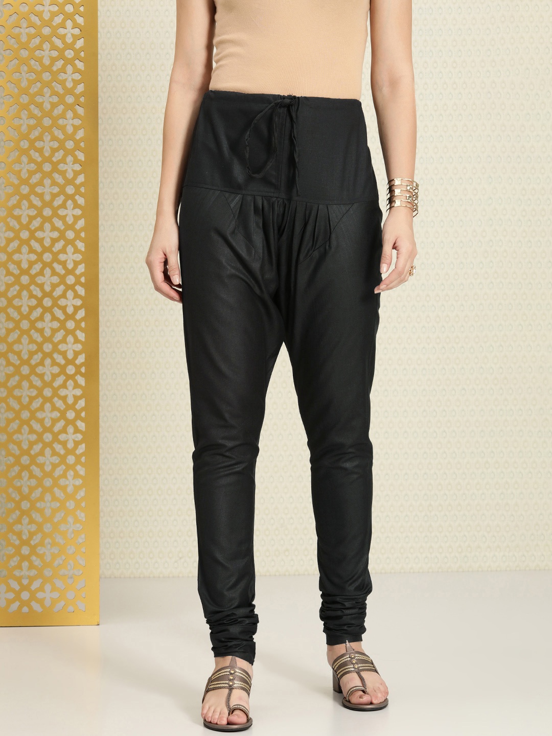 

House of Pataudi Women Rozana Drawcords Closure Churidar, Black